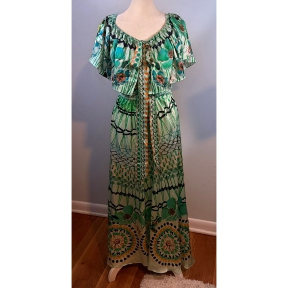 Temperley London Dream Catcher Silk Maxi Dress SS17 Green Multi Size 4 / UK 8